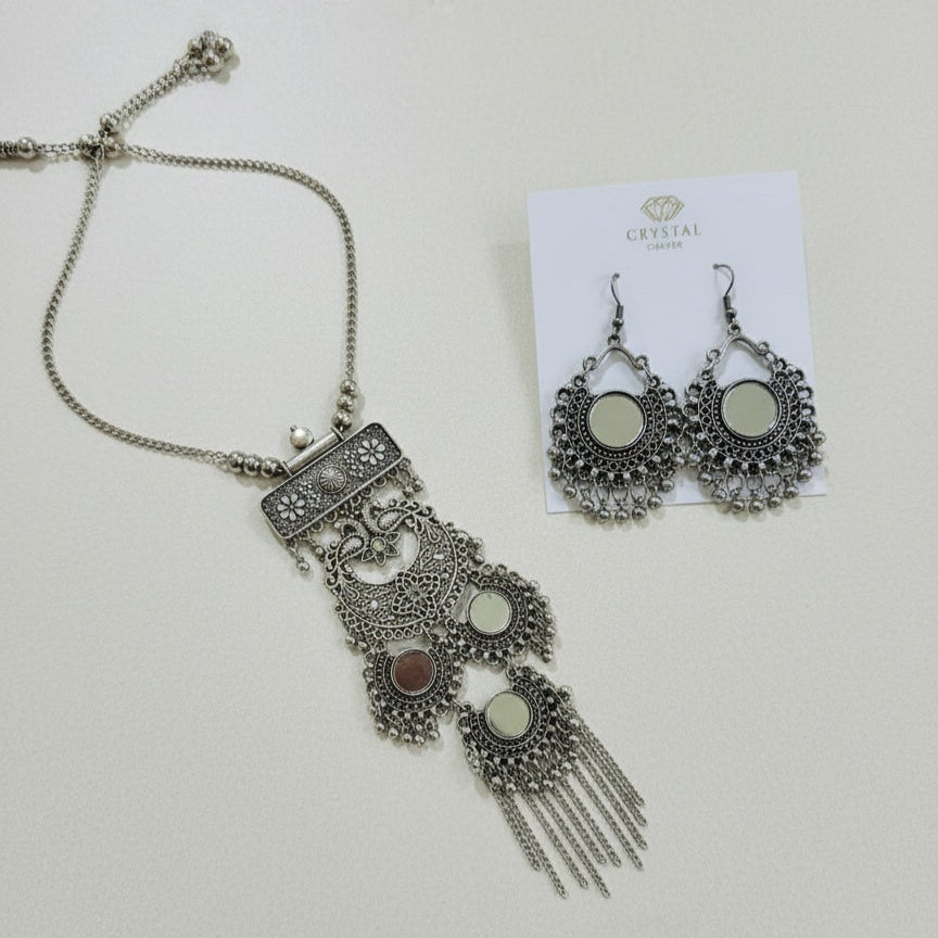 Long Oxidised Mirror Necklace Set