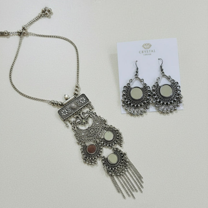 Long Oxidised Mirror Necklace Set