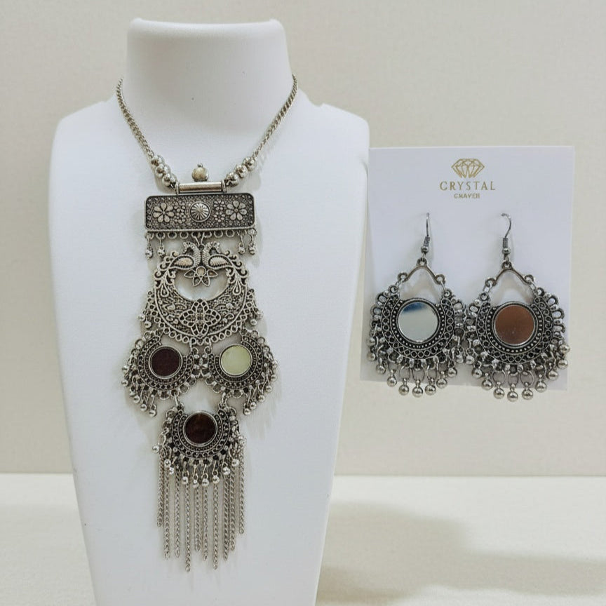Long Oxidised Mirror Necklace Set