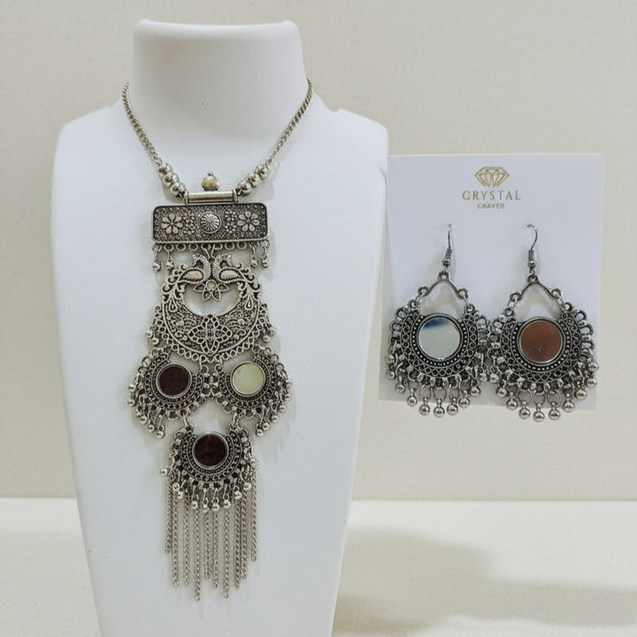 Long Oxidised Mirror Necklace Set
