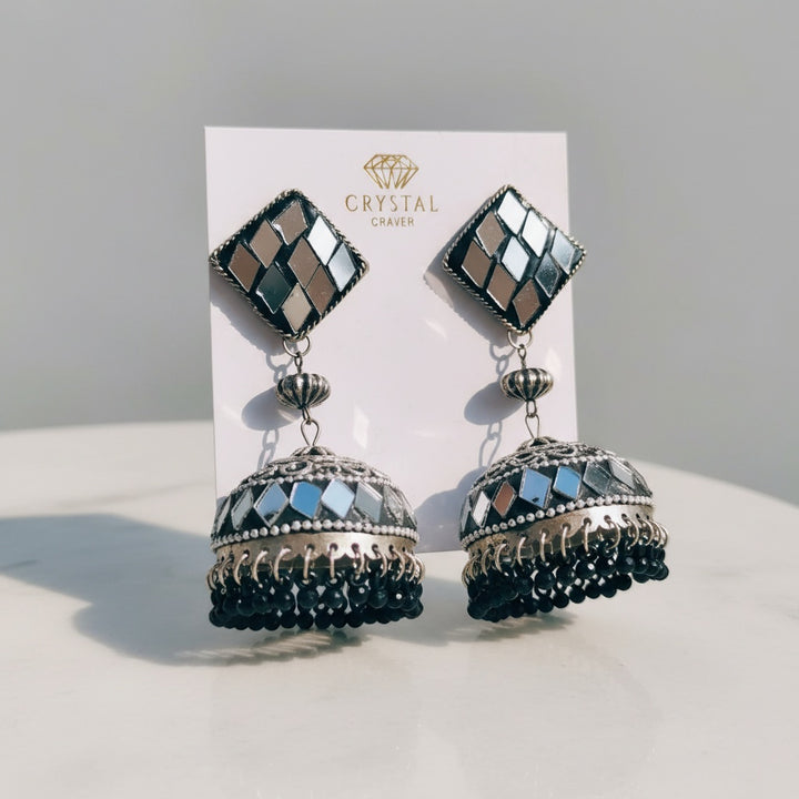 Black Mirror Work Jhumka Earrings