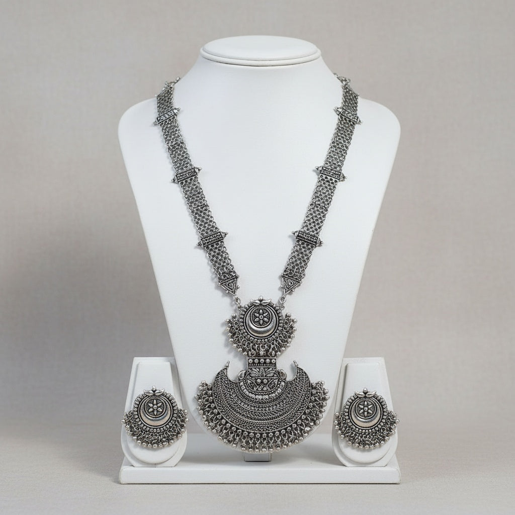 Handcrafted Oxidised Metal Necklace With Earrings