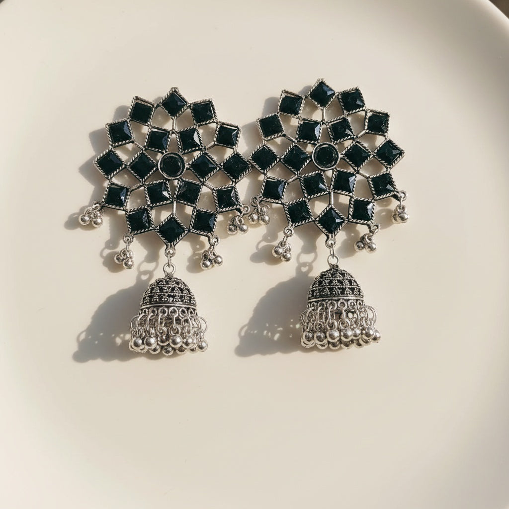 Mira Oxidised Silver Drop Earrings