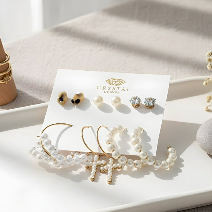 Pearl Stud & Hoop Earring Set Of 6