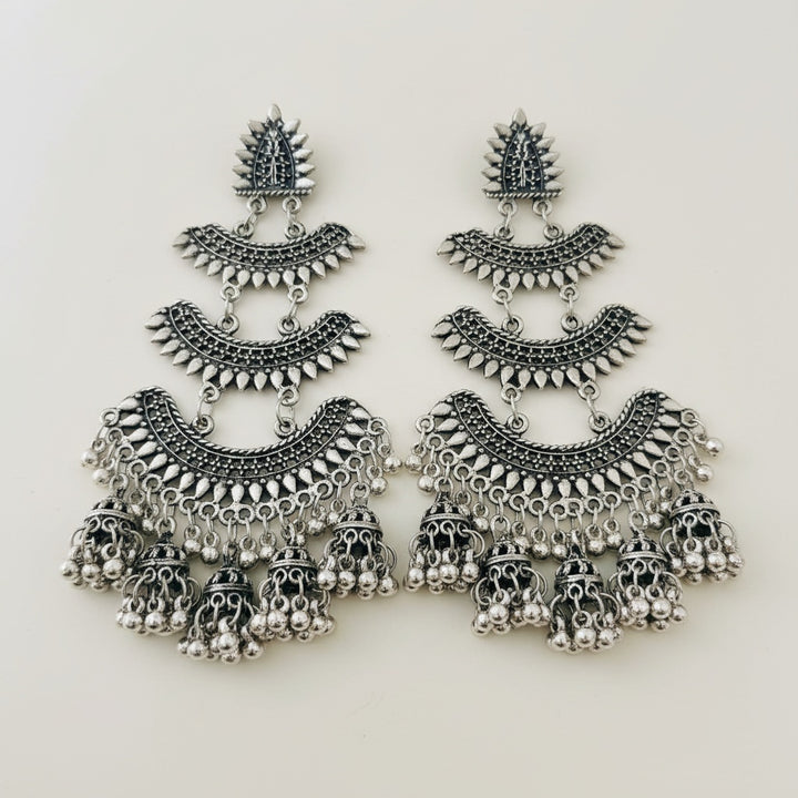 Layered Silver Oxidised Jhumka Earrings