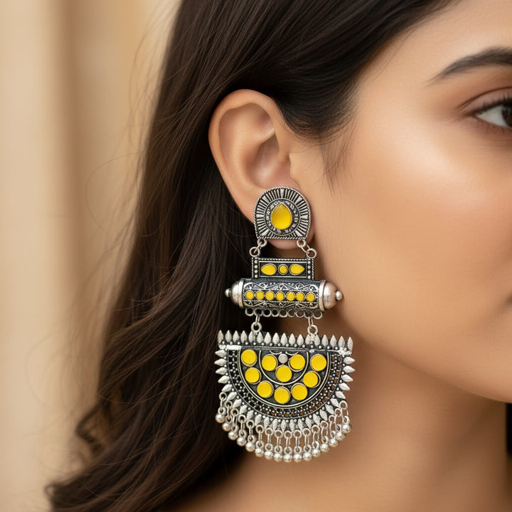 Large Yellow Cresent Oxidised Earrings