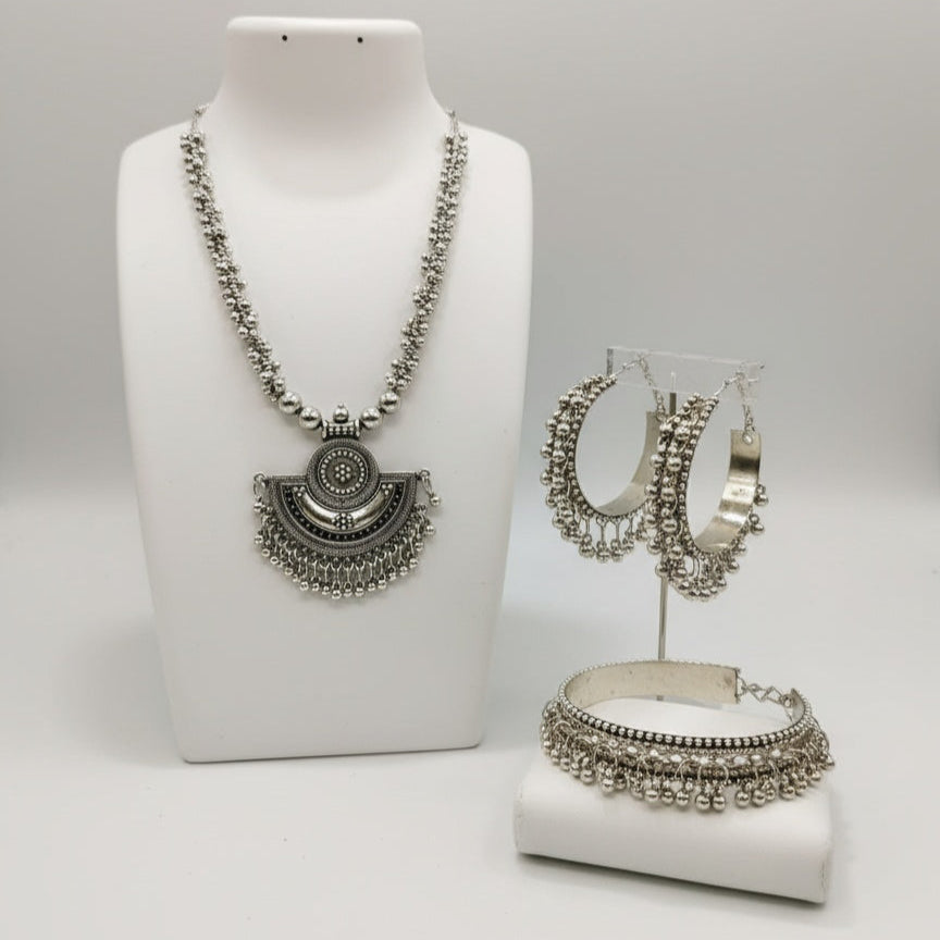 Long Oxidised Necklace Sets With Earring & Bangle