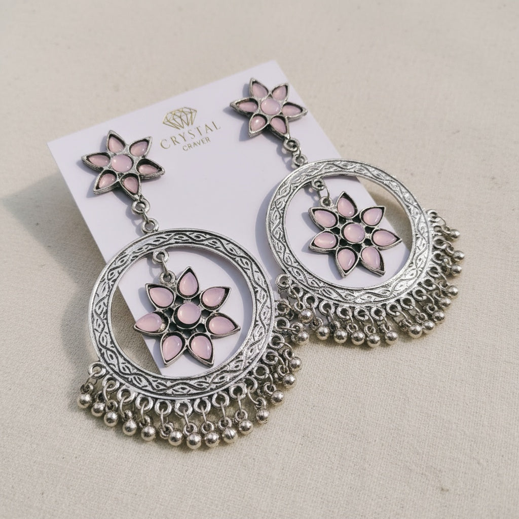 Oxidised Silver Circular Drop Flower Earrings