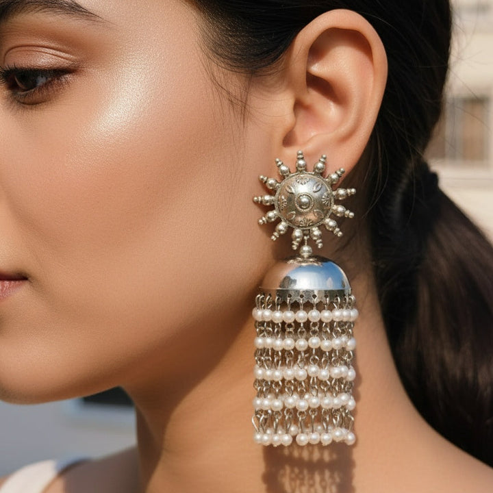 Silver Oxidised Pearl Tassel Earrings