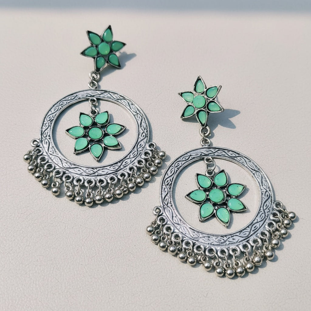 Oxidised Silver Circular Drop Flower Earrings