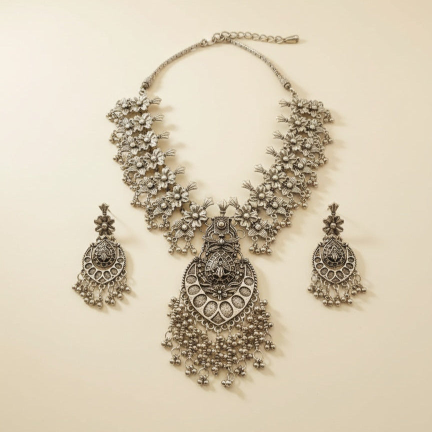 Bold Statement Oxidised Necklace With Earrings