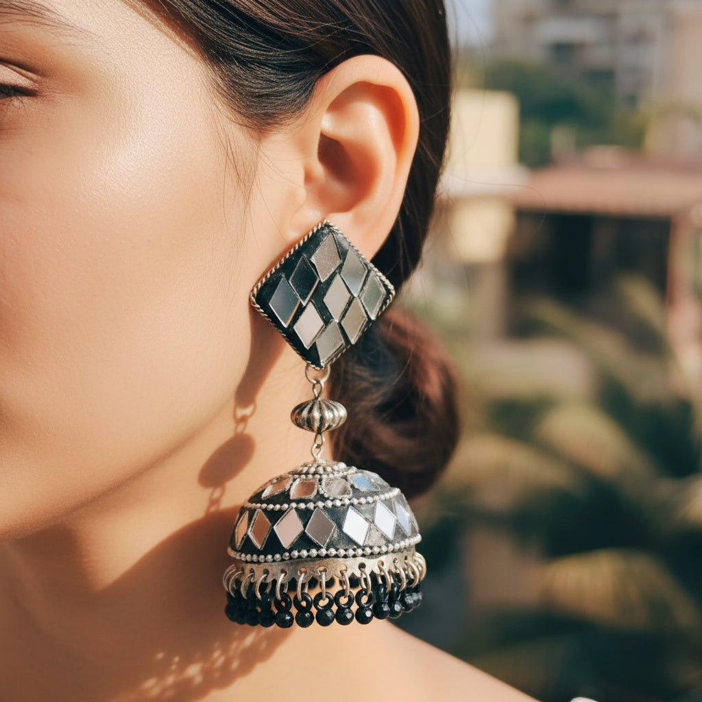Black Mirror Work Jhumka Earrings