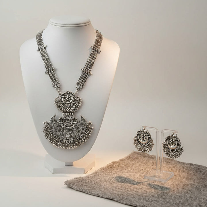 Handcrafted Oxidised Metal Necklace With Earrings