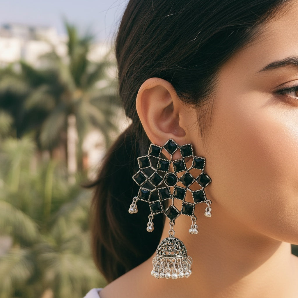 Mira Oxidised Silver Drop Earrings