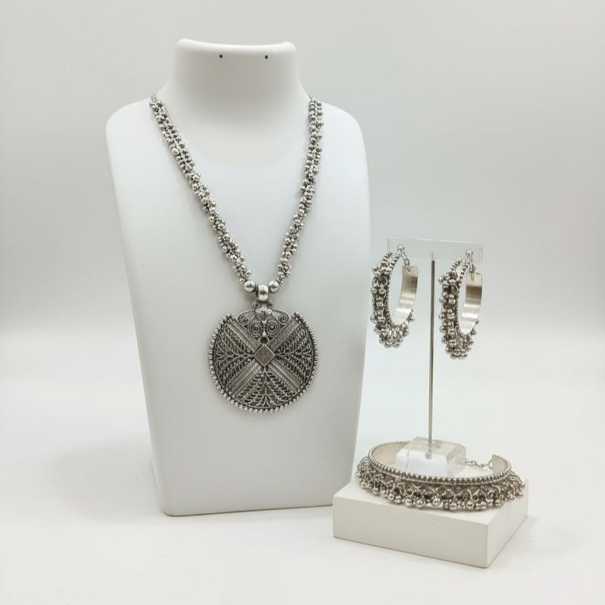 Long Oxidised Necklace Sets With Earring & Bangle