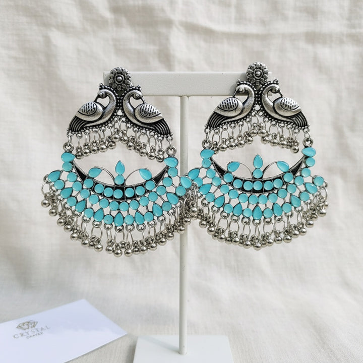 Long Ethnic Silver Oxidised Earrings