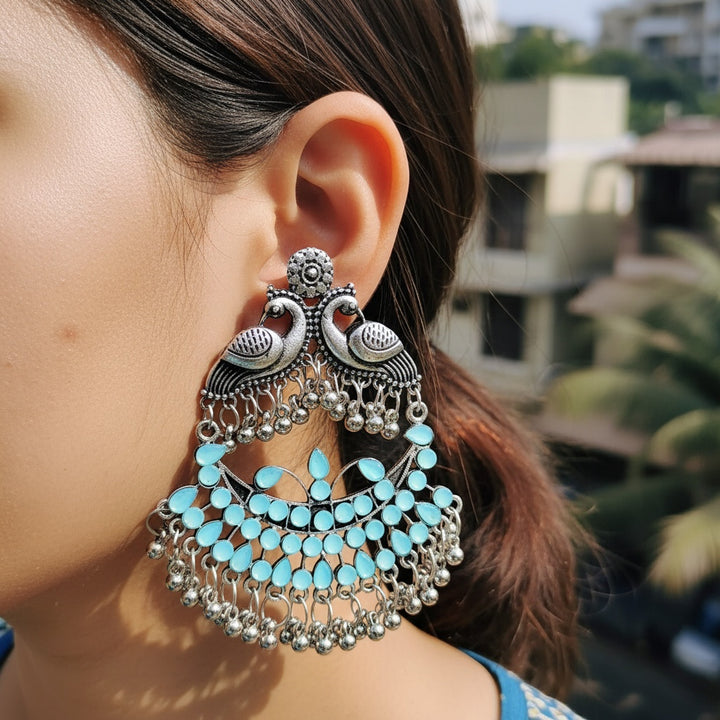 Long Ethnic Silver Oxidised Earrings