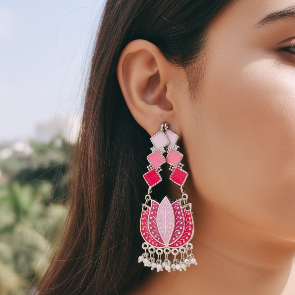 Long Meenakari Lotus Drop Earrings