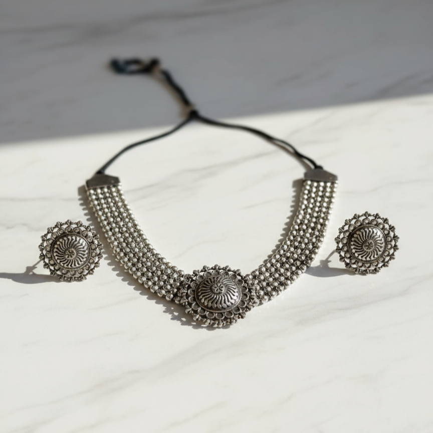 Silver Plated Oxidised Choker Set