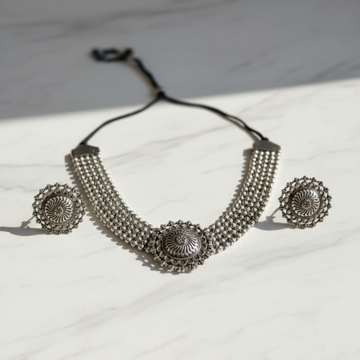 Silver Plated Oxidised Choker Set