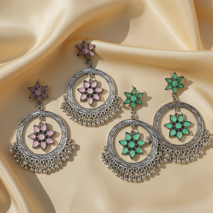 Oxidised Silver Circular Drop Flower Earrings