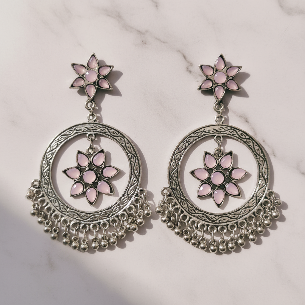 Oxidised Silver Circular Drop Flower Earrings