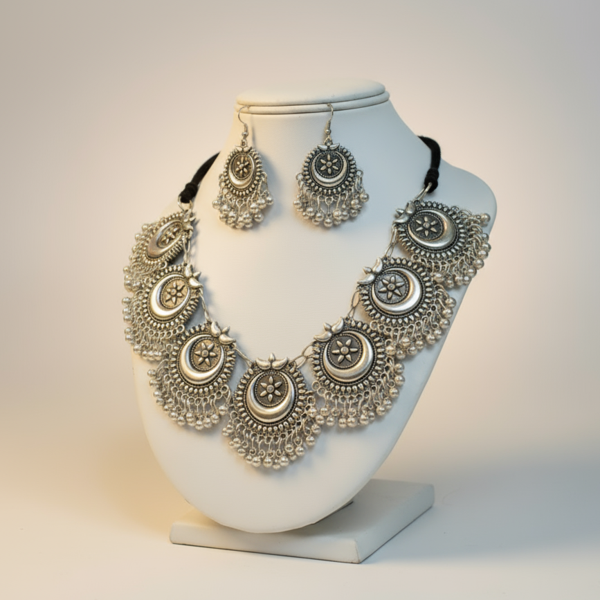 Oxidised Ghungroo Necklace Set With Earrings