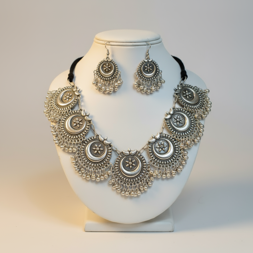 Oxidised Ghungroo Necklace Set With Earrings