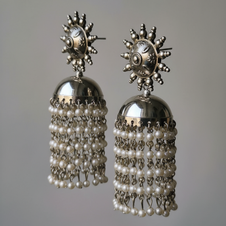 Silver Oxidised Pearl Tassel Earrings