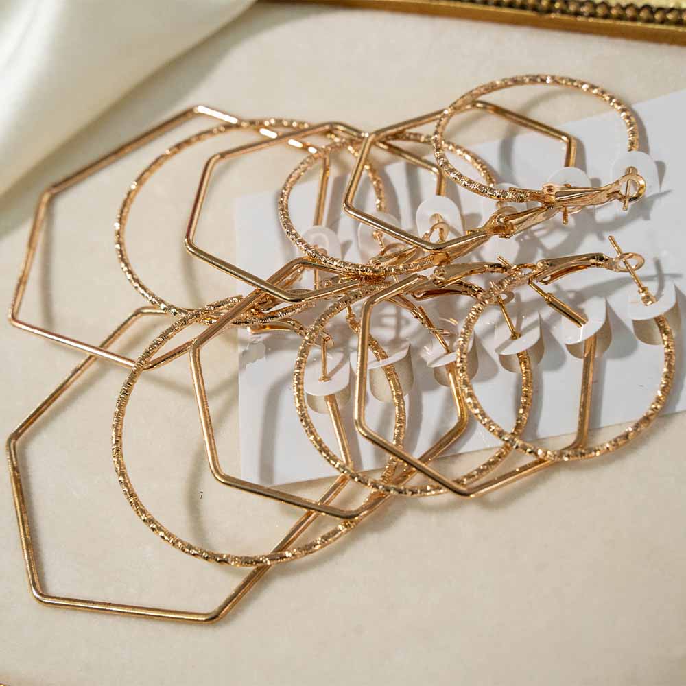 Hexagon Gold Textured 6 Pair Earring Set