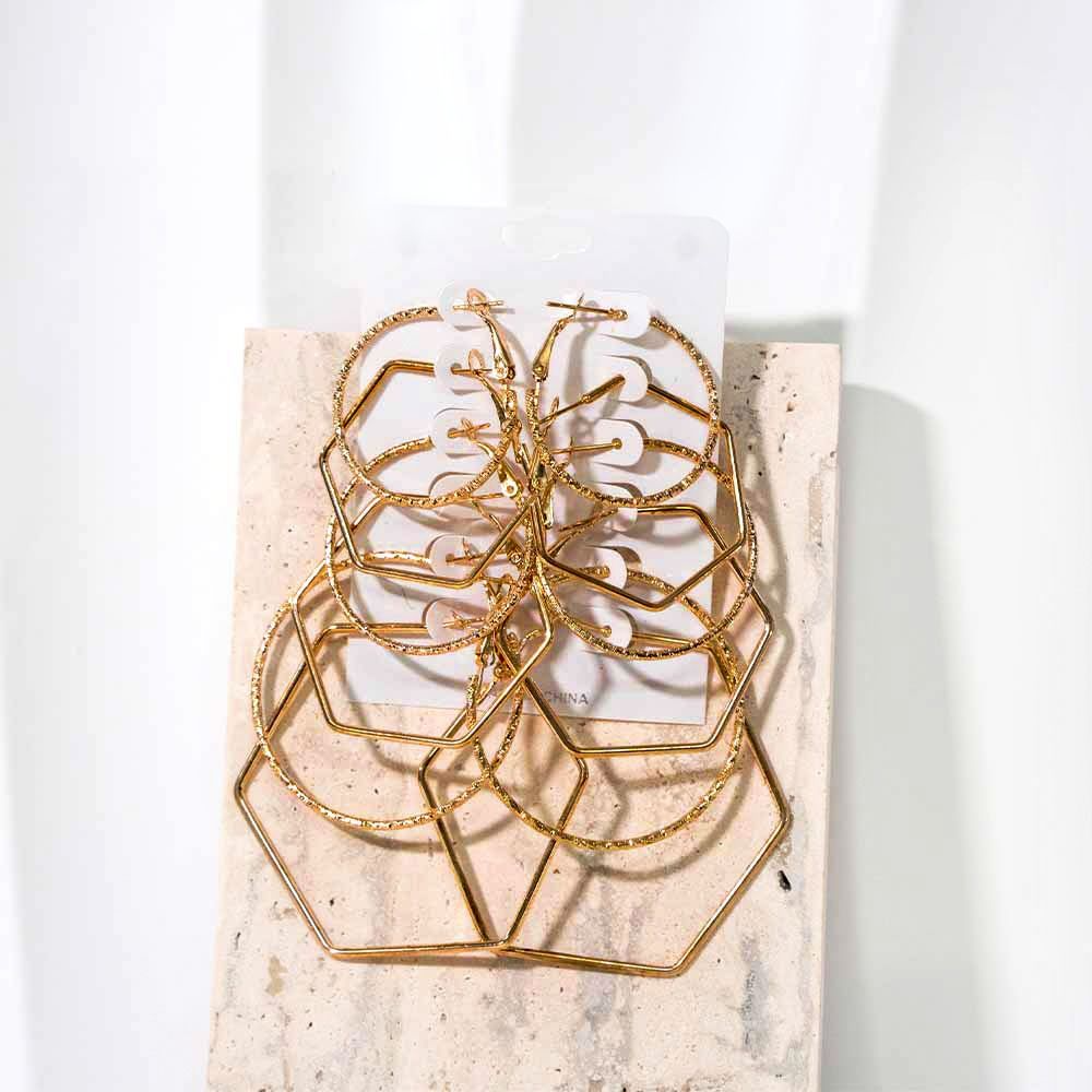 Hexagon Gold Textured 6 Pair Earring Set