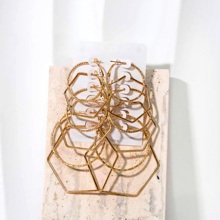 Hexagon Gold Textured 6 Pair Earring Set