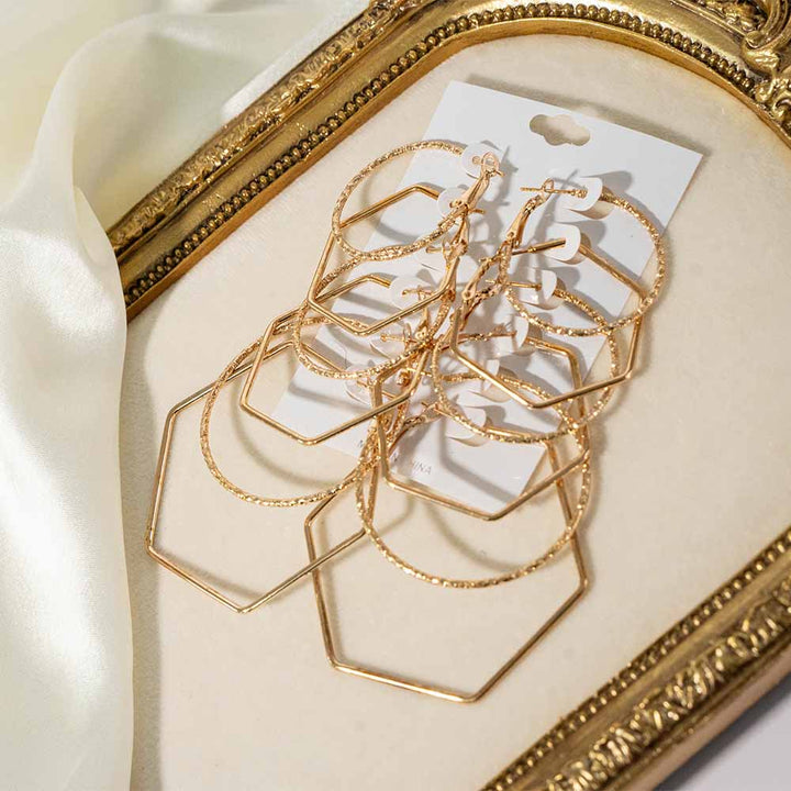 Hexagon Gold Textured 6 Pair Earring Set