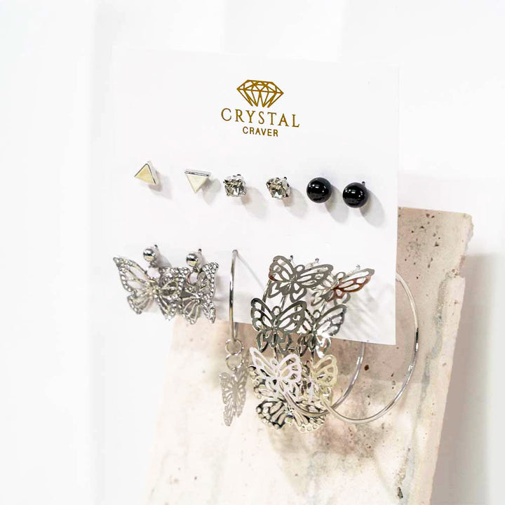 Silver Butterfly Hoops Earring Set Of 6