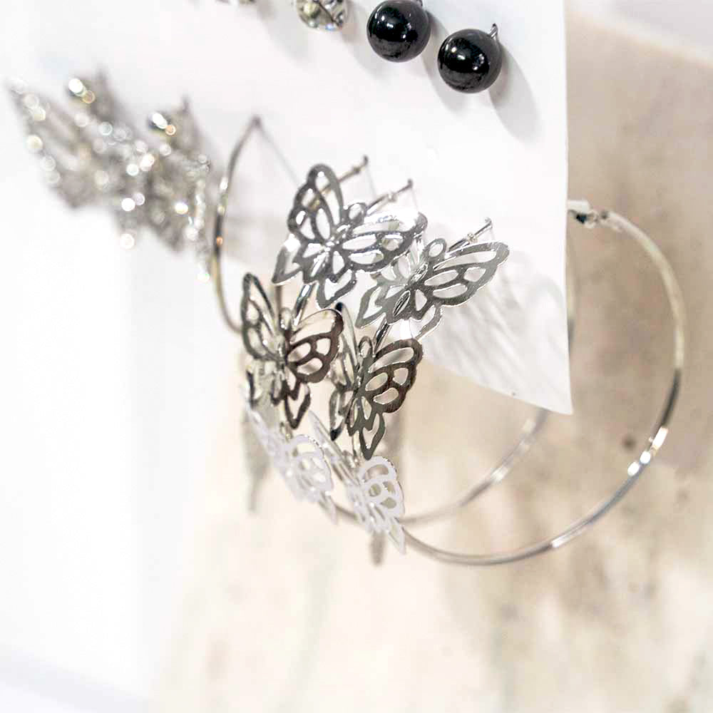 Silver Butterfly Hoops Earring Set Of 6