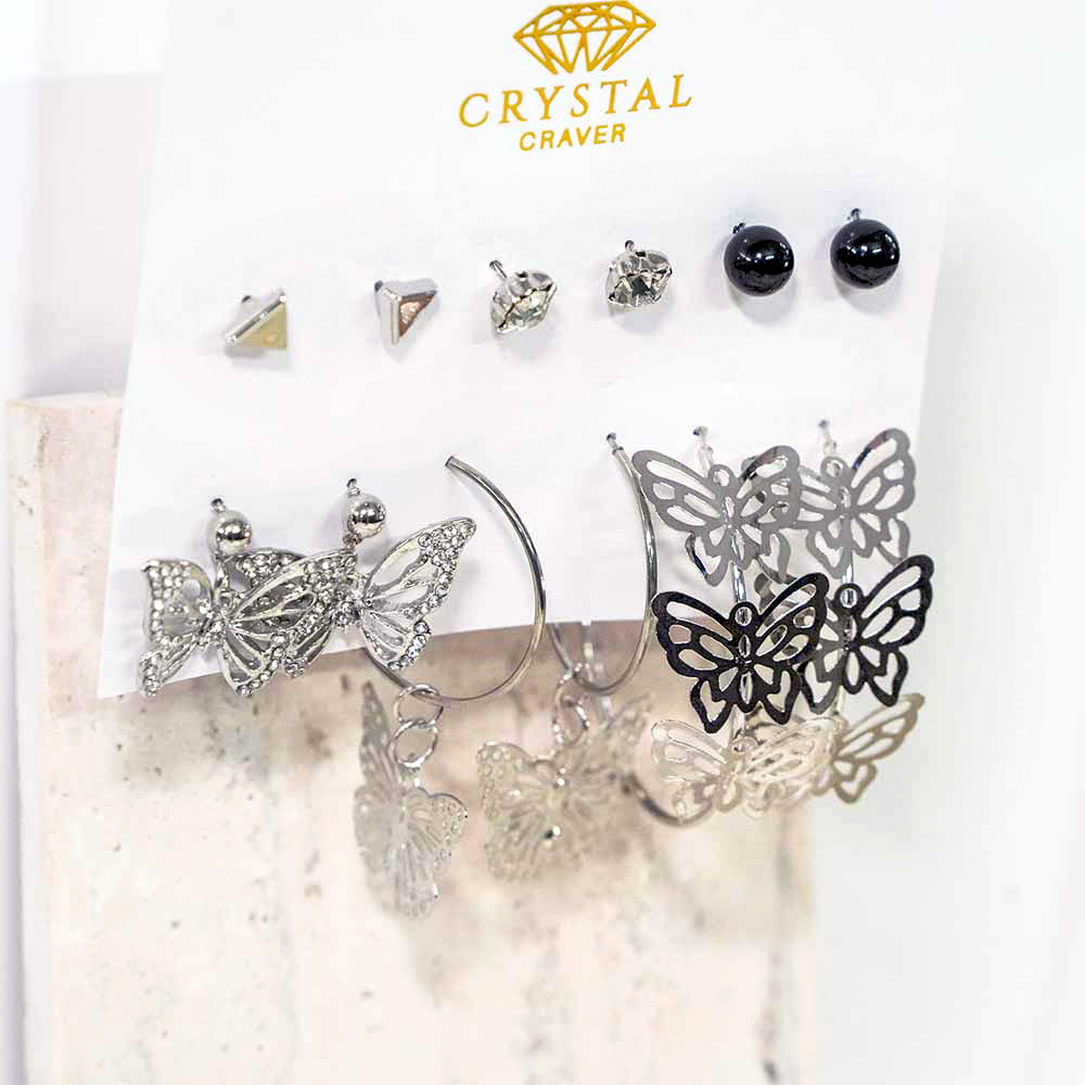 Silver Butterfly Hoops Earring Set Of 6