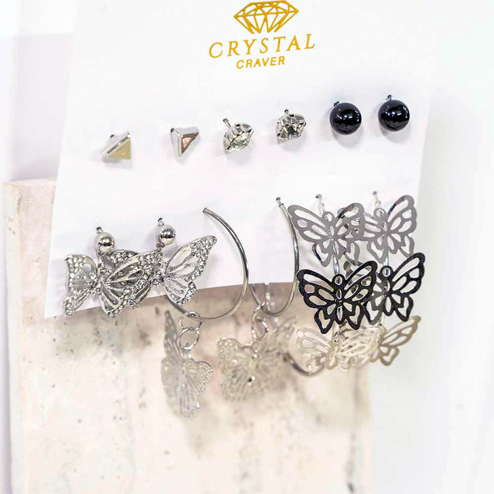 Silver Butterfly Hoops Earring Set Of 6