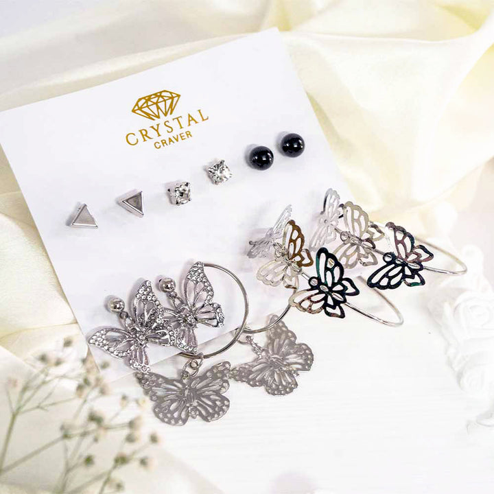Silver Butterfly Hoops Earring Set Of 6
