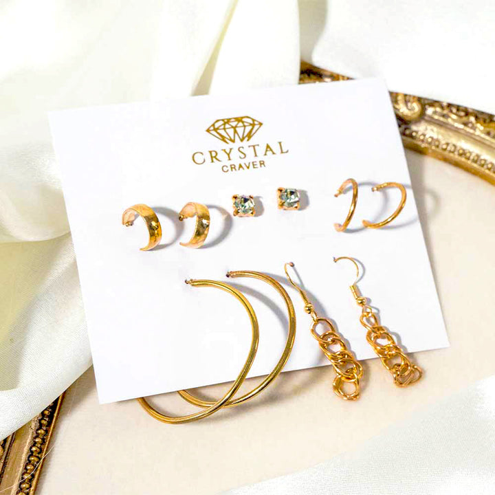 Gold Plated 5 Pairs Stud & Hoop Earring Set
