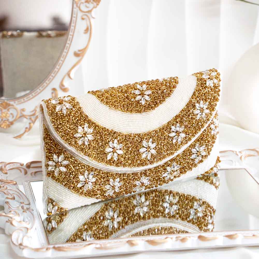 White & Gold Sequin Ethnic Clutch Bag