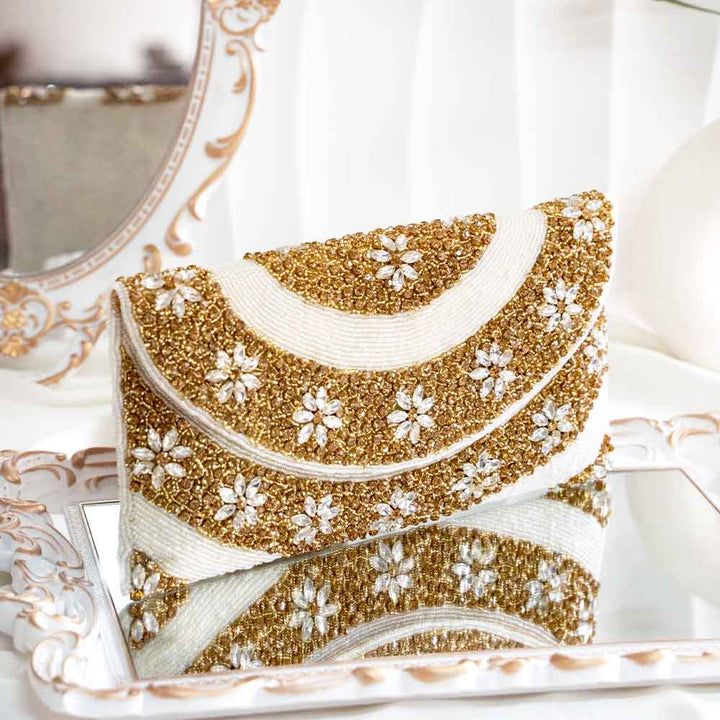 White & Gold Sequin Ethnic Clutch Bag