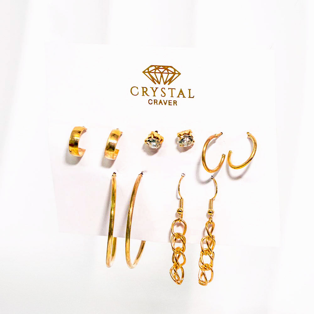 Gold Plated 5 Pairs Stud & Hoop Earring Set