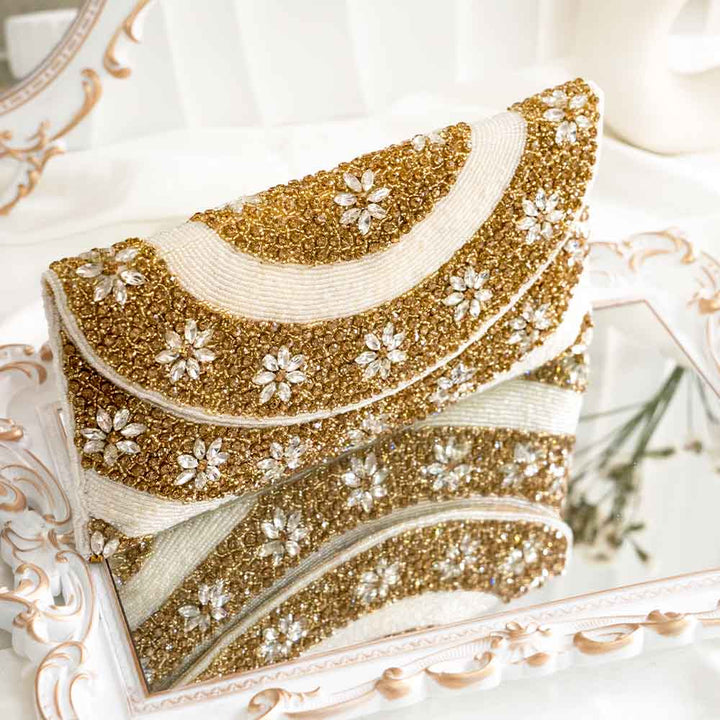 White & Gold Sequin Ethnic Clutch Bag