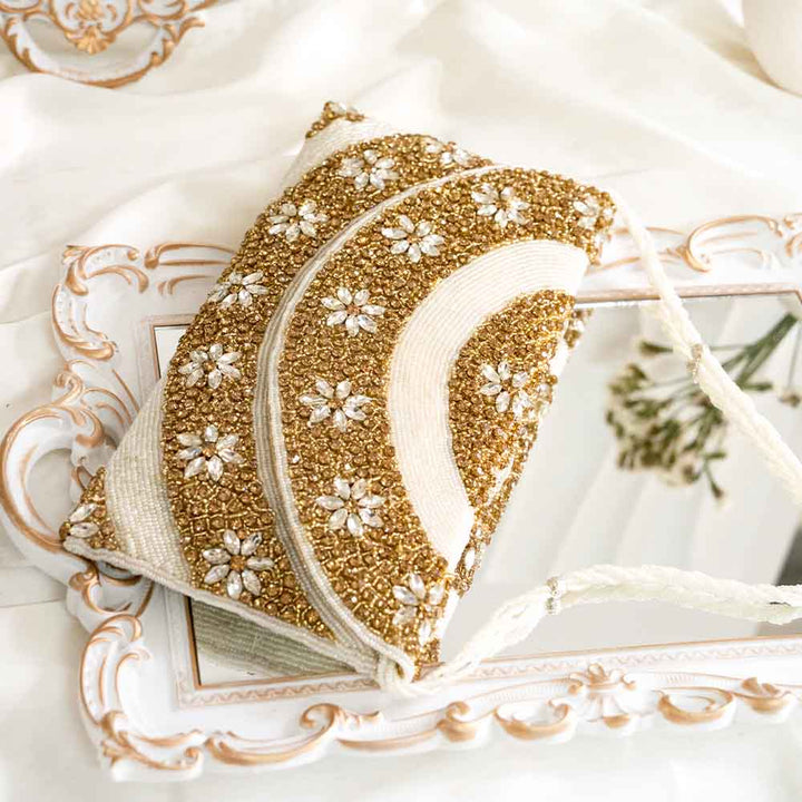 White & Gold Sequin Ethnic Clutch Bag