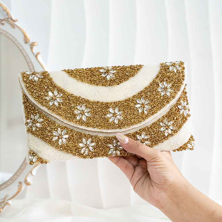 White & Gold Sequin Ethnic Clutch Bag