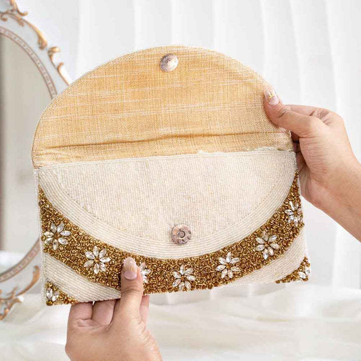 White & Gold Sequin Ethnic Clutch Bag