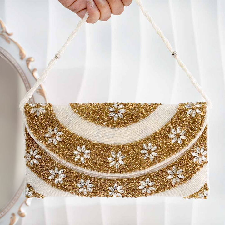 White & Gold Sequin Ethnic Clutch Bag