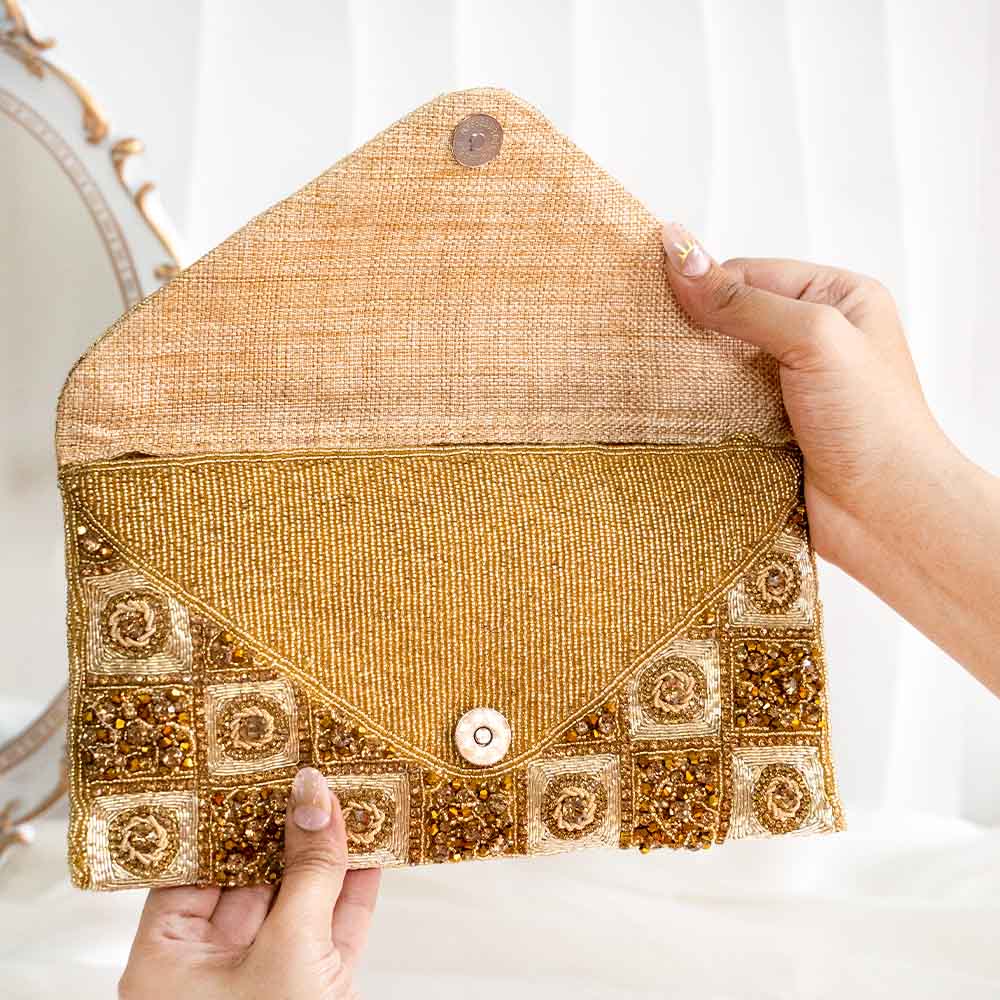 Gold Square Ethnic Clutch Bag