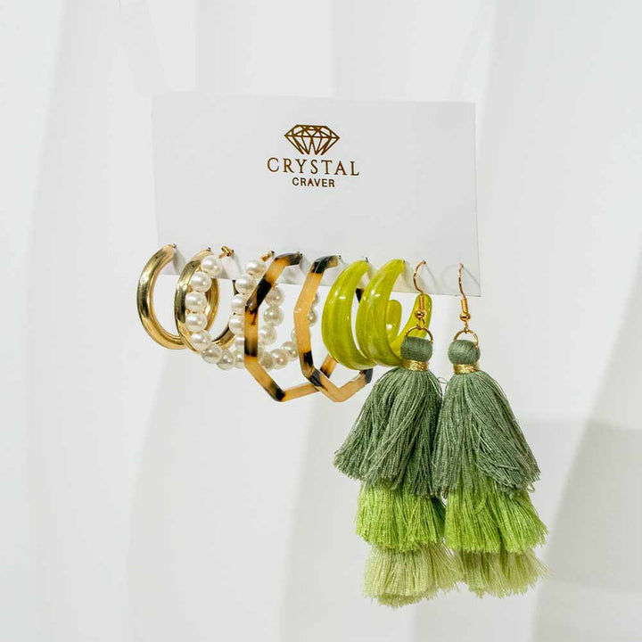 Green Tassel Earring Set Of 5