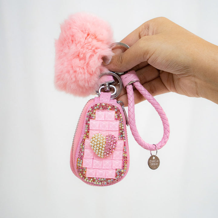 Heart Crystal Keyholder With Fur Ball Keychain